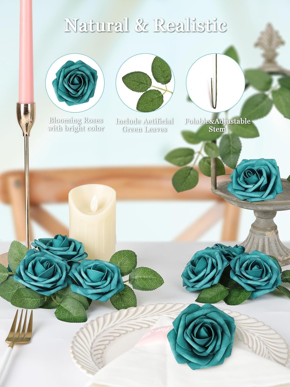 N&T NIETING Artificial Flowers Foam Roses 25 pcs Peacock Green Fake Roses w/Stem for DIY Home Decor Indoor Outdoor Centerpieces Arrangements Bouquets - Image 4