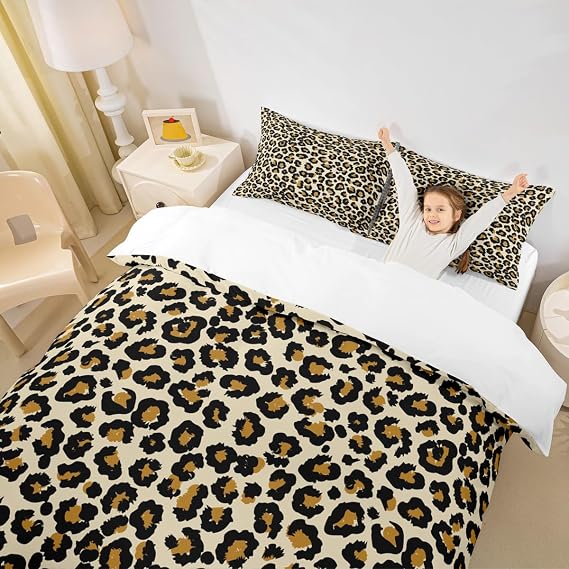 Loussiesd Women Leopard Print Bedding Set for Girls Adults Chic Cheetah Print Comforter Cover Brown Wild Animal Style Duvet Cover Room Decor Wildlife Design Bedspread Cover Double Size 3Pcs