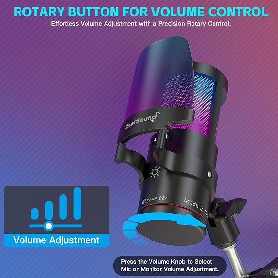 ZealSound Gaming USB Microphone for iPhone,Noise Cancellation Gaming mic with Touch Mute,Gain,Monitoring,USB Mic Boom Arm for Streaming,Podcast,Twitch,YouTube,Discord,iPad,PC,Computer,PS4,PS5,Mac