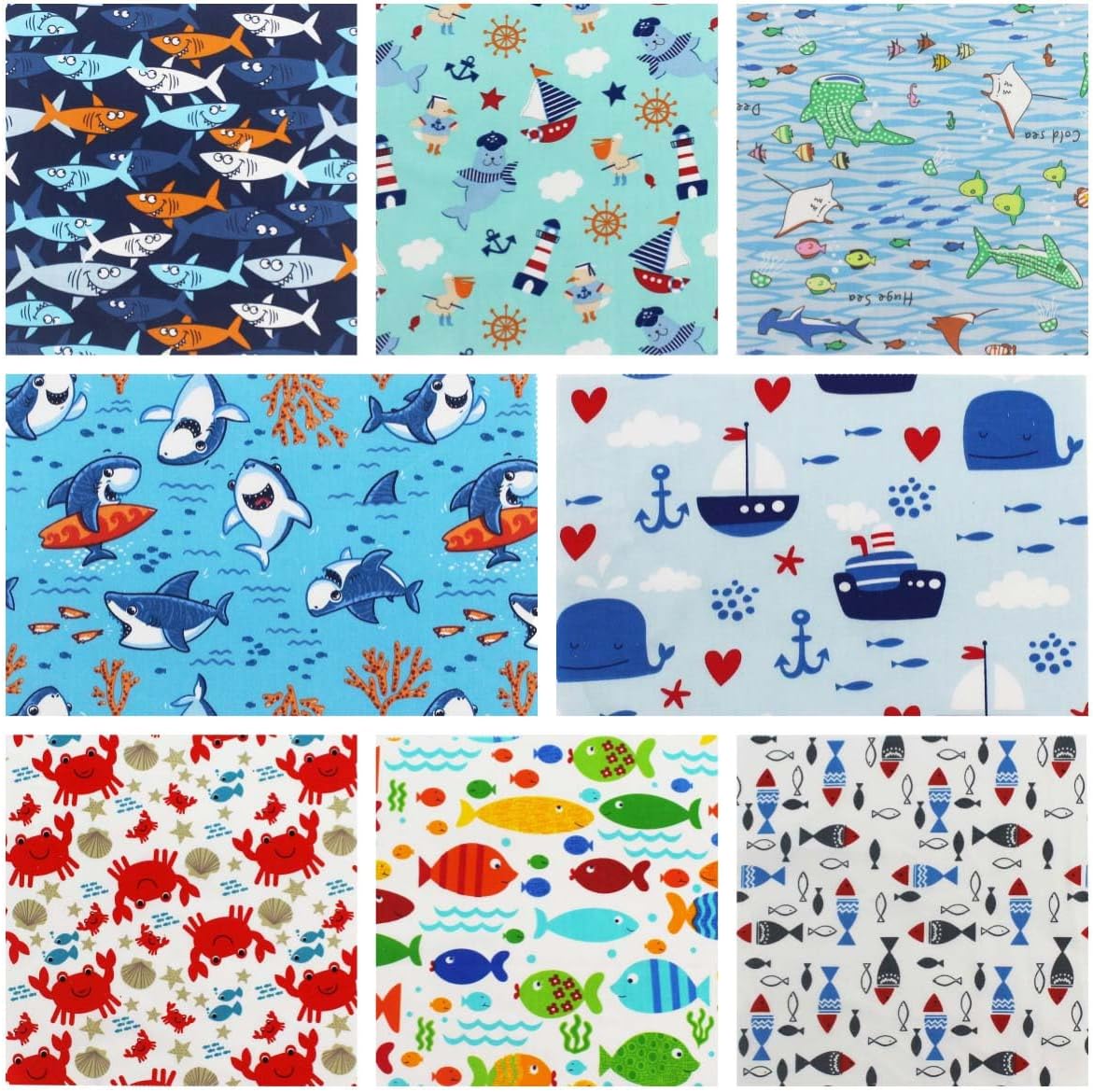 Ocean Theme 10x10 Inch Cotton Fabric Squares for Quilting - 48 Precut Layer Cake Pack with Sea Animal Designs for Baby Boys,Quilt Fabric Bundles for Sewing & Craft Projects