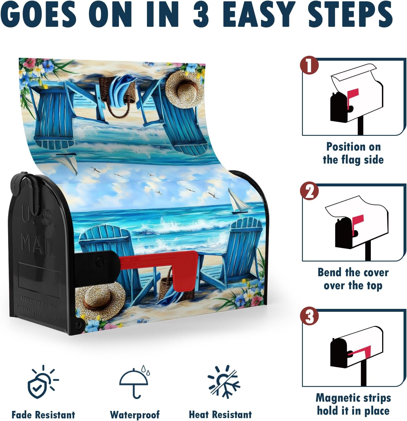Summer Beach Mailbox Covers Magnetic Standard Size 21 x 18 Inch Nautical Coastal Blue Ocean Seagull Sailboat Chairs Mailbox Wraps Post Letter Box Cover for Garden Yard image 4