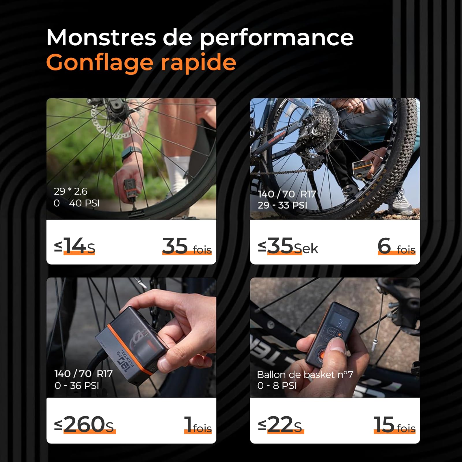 FLEXTAILGEAR Mini pompe à vélo électrique portable 130 PSI avec manomètre et feu arrière, arrêt automatique, valve Presta et Schrader pour vélo électrique, VTT, vélo de ville et de route