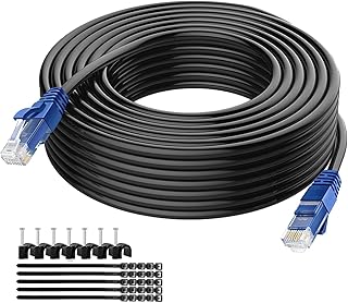 Fazawan Cat6 Outdoor Ethernet Cable 150Ft Cat6 Heavy Duty Cord,Waterproof and Ultraviolet-Proof Network Cable Suitable for Direct Burial Installations,with 25 Cable Ties,25 Cable Clips