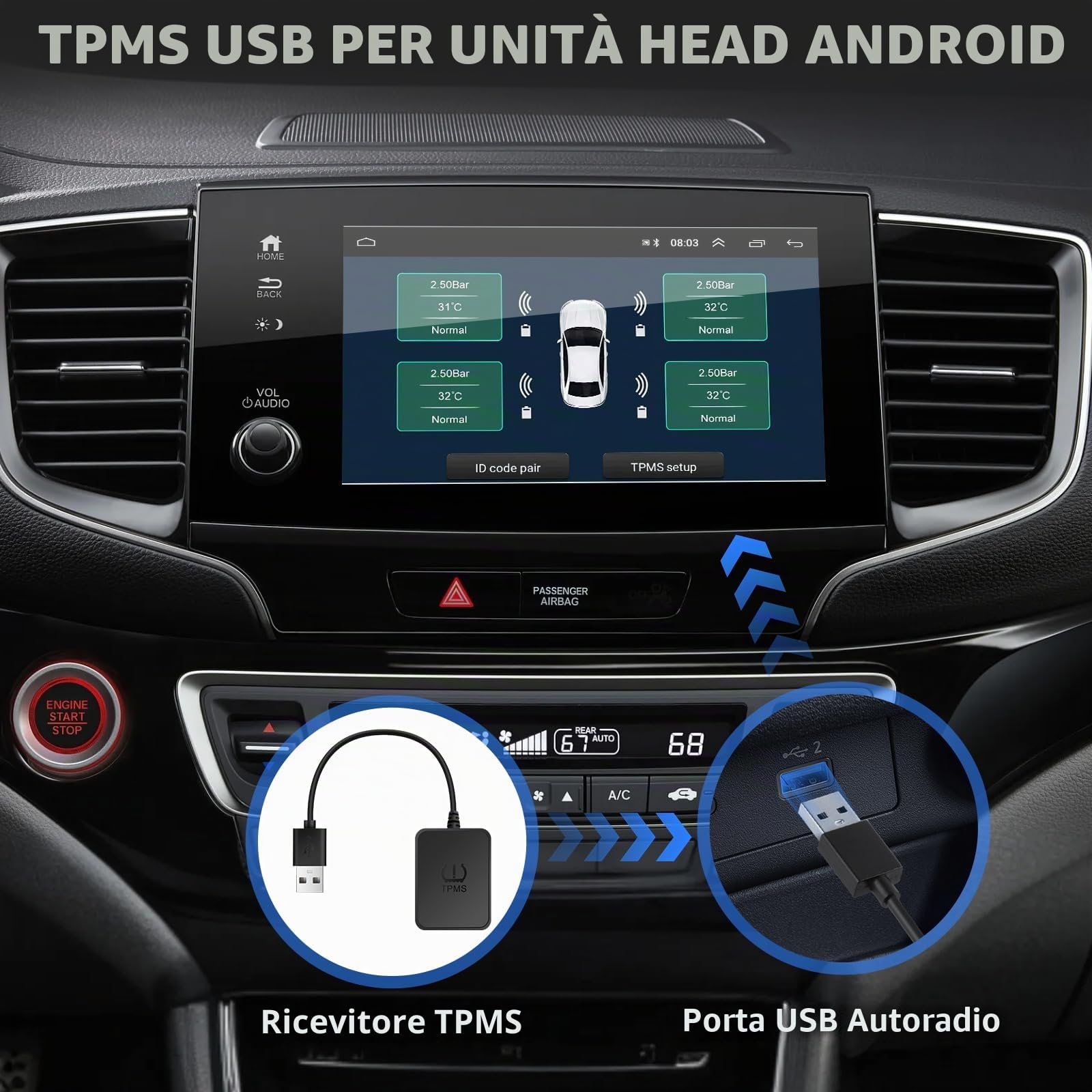 Sistema di monitoraggio della pressione dei pneumatici per auto con ricarica USB, per display di navigazione Android, strumento universale TPMS per la pressione degli pneumatici con 4 sensori