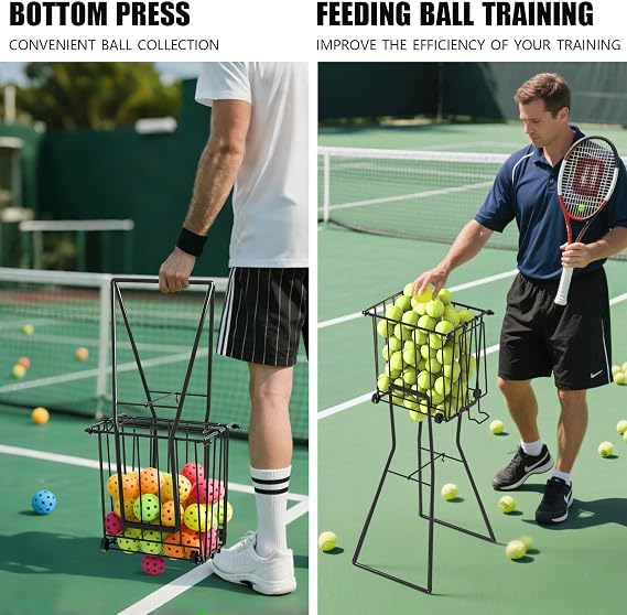 Tennis Ball Hopper, Portable Pickleball Holder with Wheels & Handle | Convertible Handles, Holds 50 Pickleballs, Secure Hooked Lid, Powder-Coated Steel, Easy-Rolling Wheels, Fast Tool-Free Setup