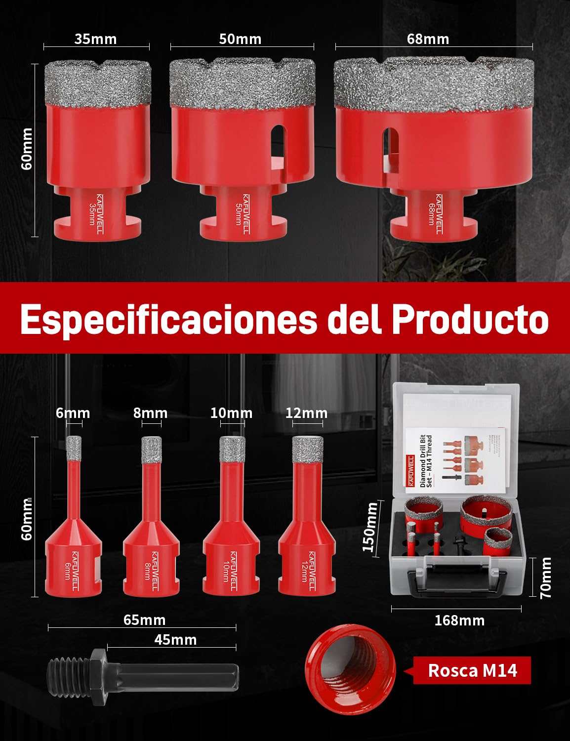 8Pz M14 Broca Diamante, Brocas Porcelánico Ø 6/8/10/12/35/50/68mm con Adaptador, Soldada Vacío, Coronas para Porcelánico, Taladrado Seco para Azulejos, Cerámica, Mármol, Granito