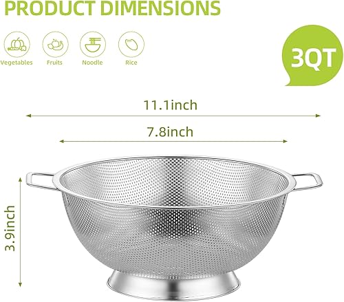 Miniatura 4 de Colador de metal de 3 cuartos con asa, colador de acero inoxidable para cocina, colador de malla para lavar pasta, espaguetis, bayas, frutas,