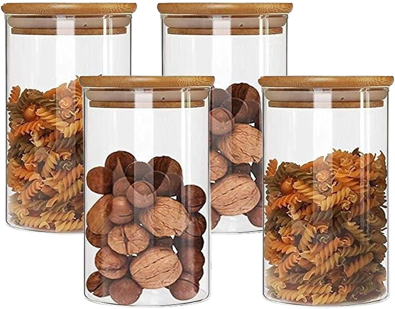 Jinelza1050ML Kitchen Storage Borosilicate Glass Jar Container with Air Tight Bamboo Wooden Lid Storage Containers Round Shape for Sugar,Candy, Cookie, Rice and Spice Jar (1050ML JARS, 4 PCS)