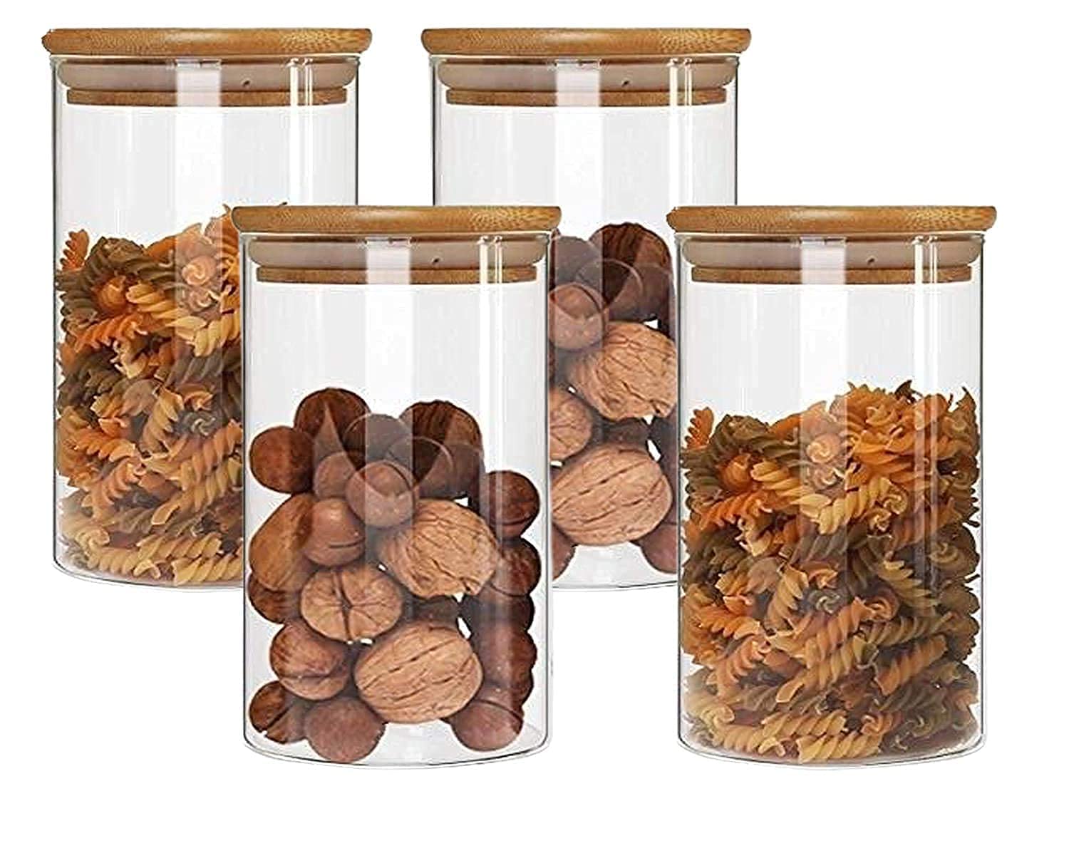 Jinelza1050ML Kitchen Storage Borosilicate Glass Jar Container with Air Tight Bamboo Wooden Lid Storage Containers Round Shape for Sugar,Candy, Cookie, Rice and Spice Jar (1050ML JARS, 4 PCS)
