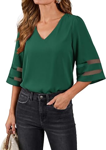 LookbookStore Womens V Neck Mesh Panel Blouse 3/4 Bell Sleeve Loose Top Shirt