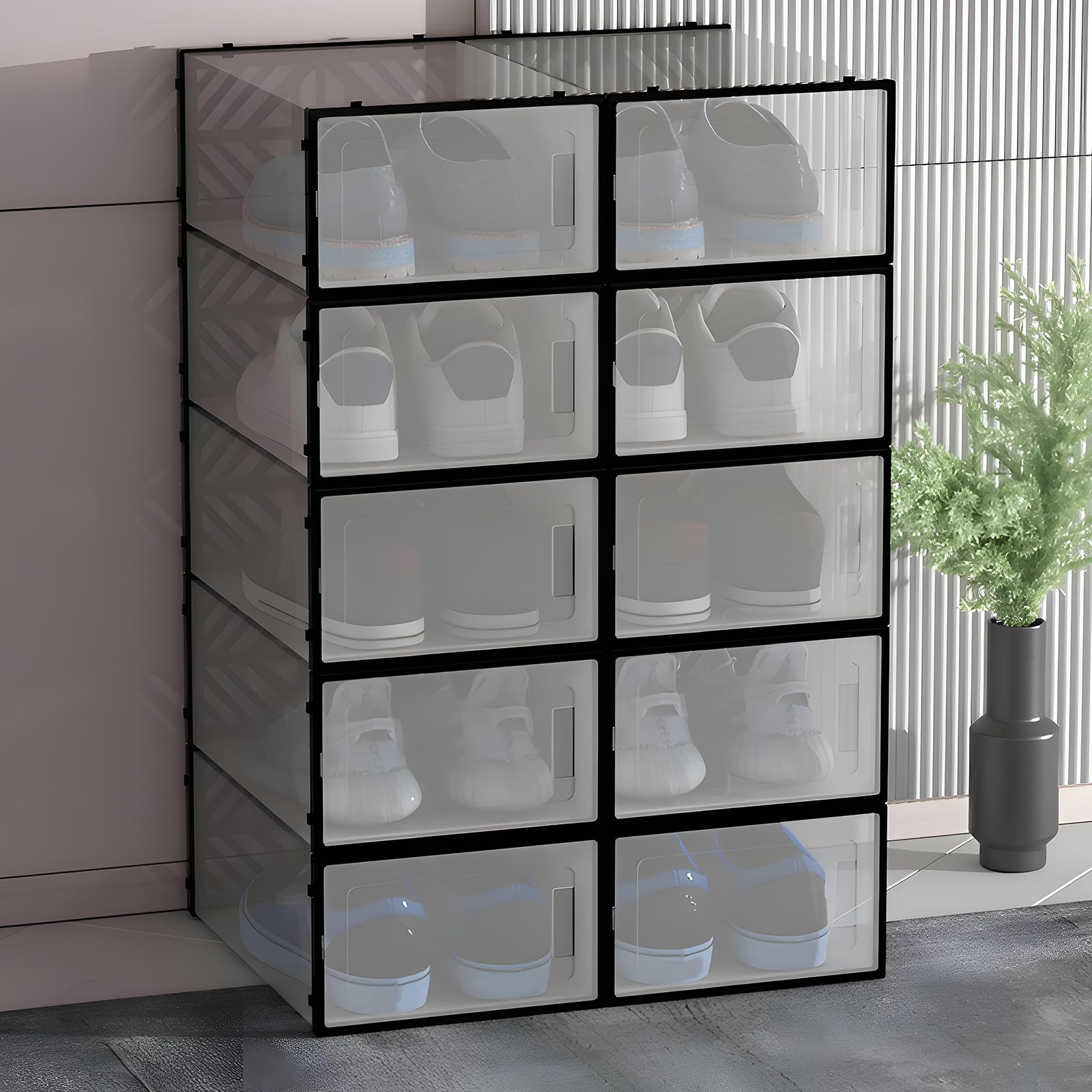 Cajas apilables para zapatos, juego de 20 cajas transparentes para zapatos, para salón, dormitorio, armario y oficina (negro)