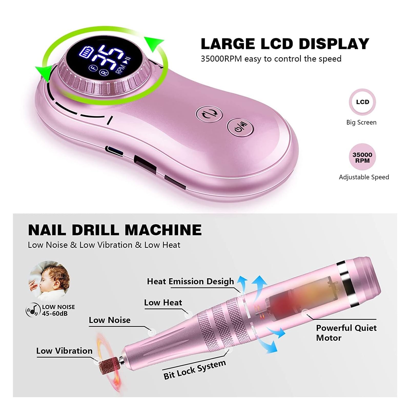 Trapano elettrico per unghie, Maestro del chiodo ricaricabile esposizione LCD della macchina trapano 35000RPM for gli strumenti portatili fresatrice manicure per allenamento e uso domestico