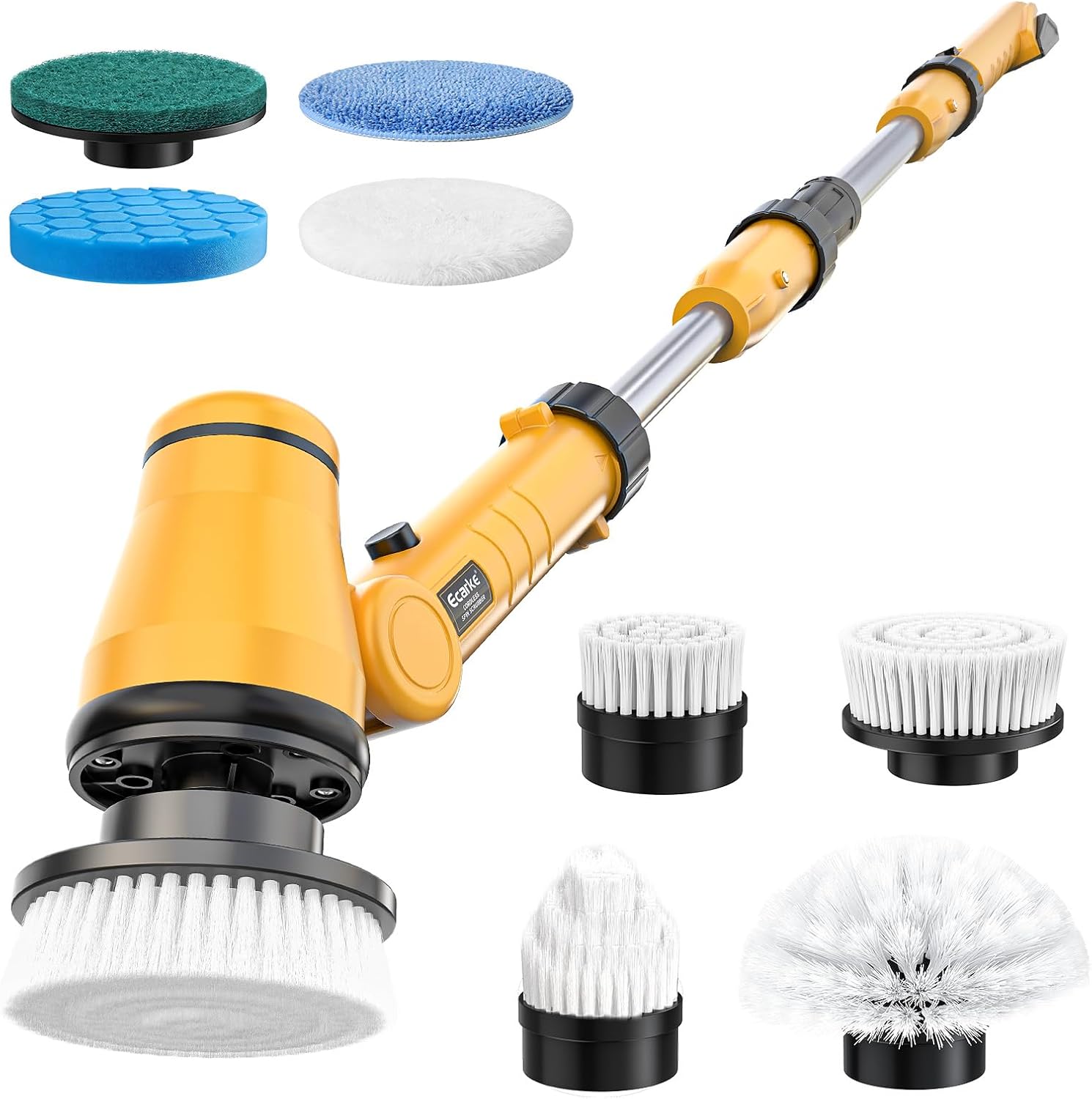 Electric Spin Scrubber Compatible with DeWalt 20V Battery, Ecarke Cordless Cleaning Brush with 4-Stage Handle, 8 Cleaning Heads for Bathroom/Floor/Kitchen/Tub/Tile, 2 Speeds – Tool Only