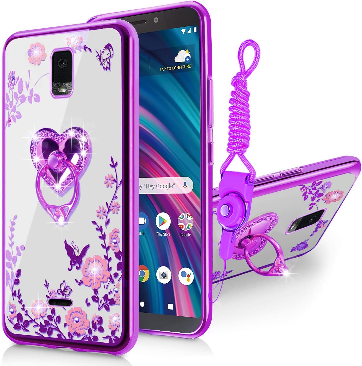 B-wishy for Blu View 3 Case for Women, Glitter Crystal Butterfly Heart Floral Slim TPU Luxury Bling Cute Protective Cover with Kickstand+Strap for Blu View 3 B140DL (Purple)