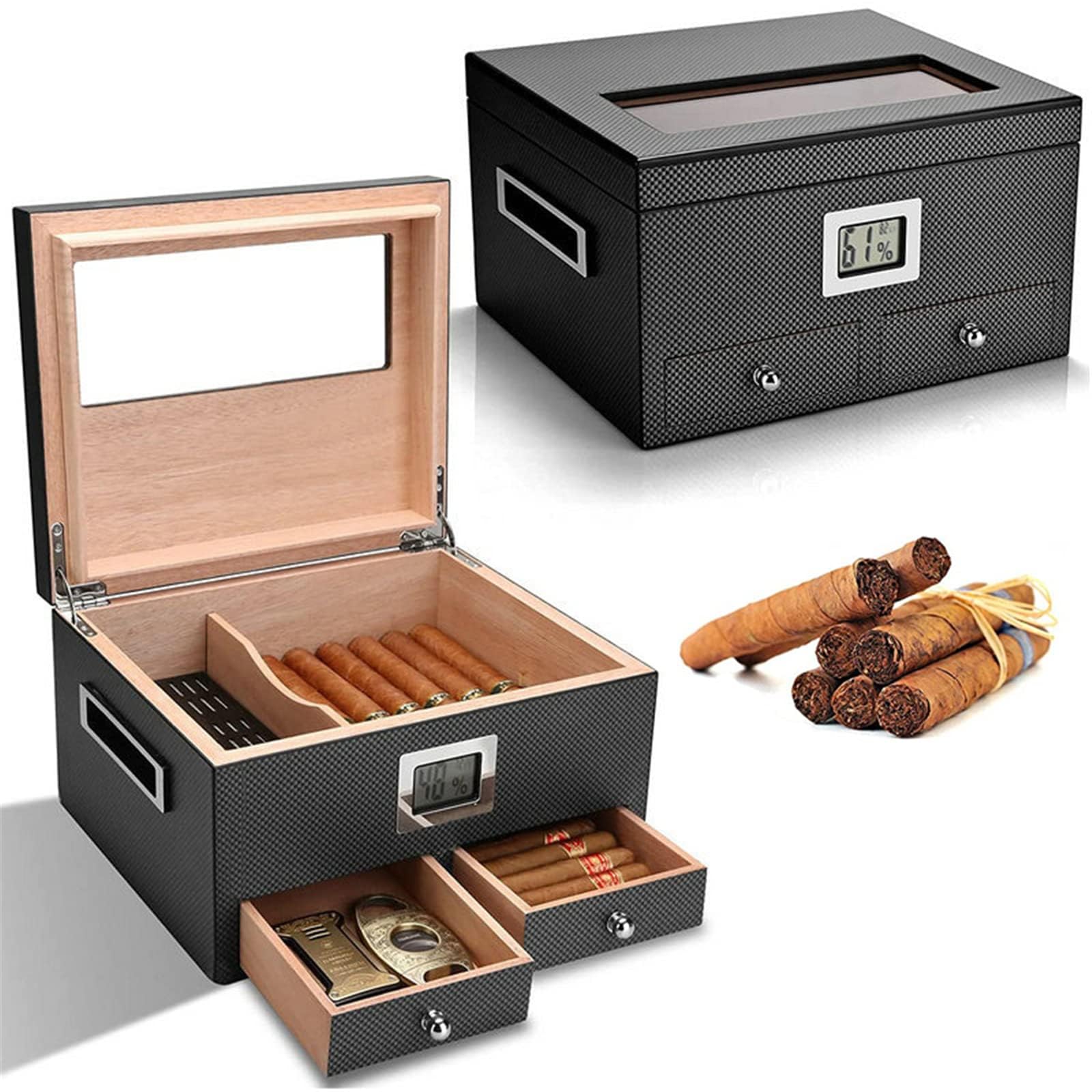 COYEUX Humidor per sigari, vetrina Superiore Trasparente, con igrometro Digitale e umidificatore (Contiene Fino a 45 sigari) Come Regalo da Uomo