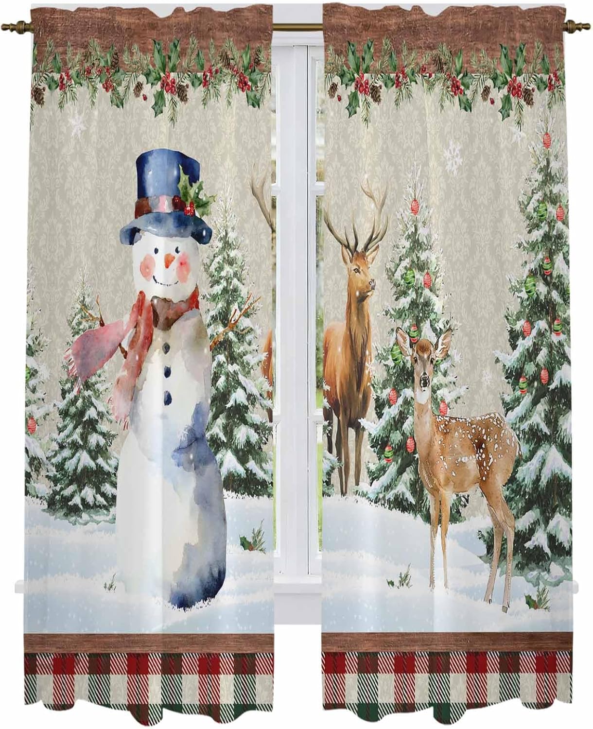 Snowman Christmas Window Curtains 72 Inch Long 2 Panel Set, Rod Pocket Long Curtains & Drapes, Xmas Tree Ball Farmhouse Plaid Elk Light Filtering Window Treatment for Bedroom Living Room 52"W x 72"L