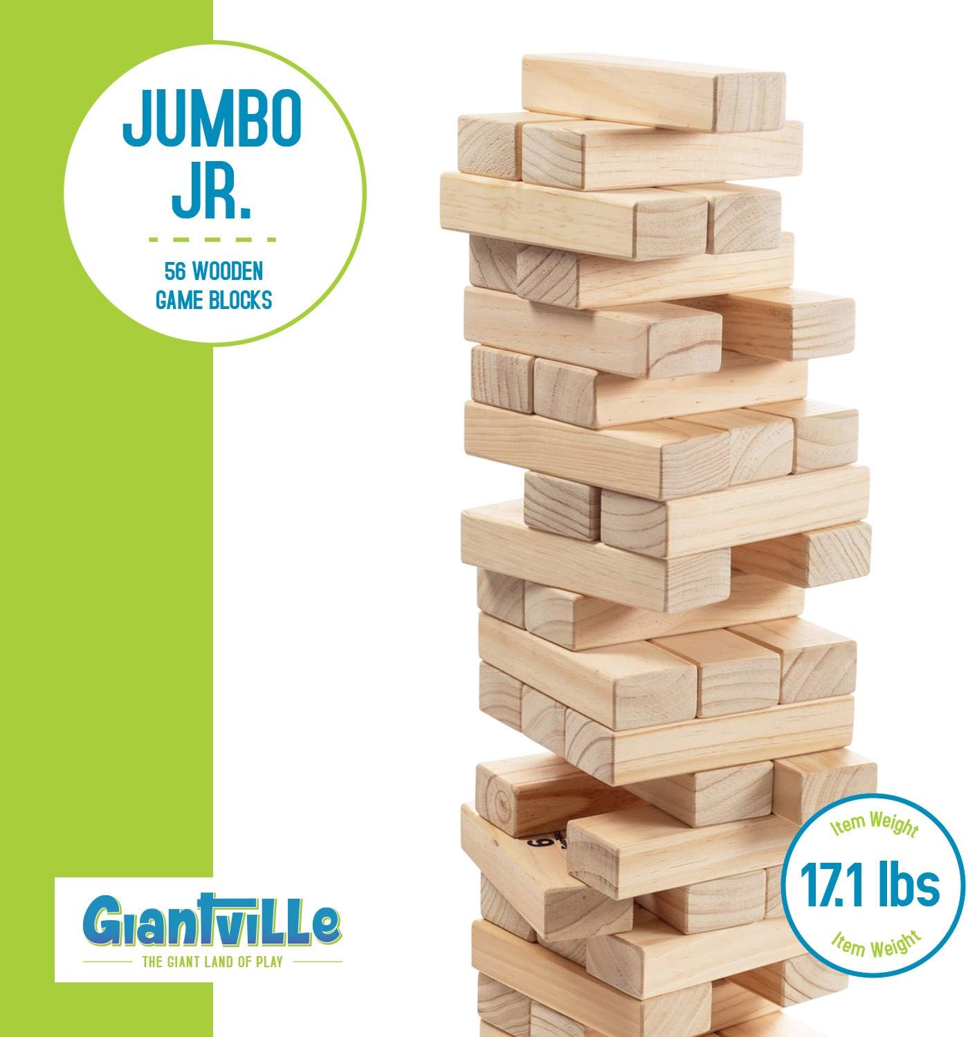 Giant Tumbling Timber Toy - Jumbo JR. Wooden Blocks Floor Game for Kids and Adults, 56 Pieces, Premium Pine Wood, Carry Bag - Grows from 2-feet to Over 4-feet While Playing, Life Size Yard Tower Game : Toys & Games