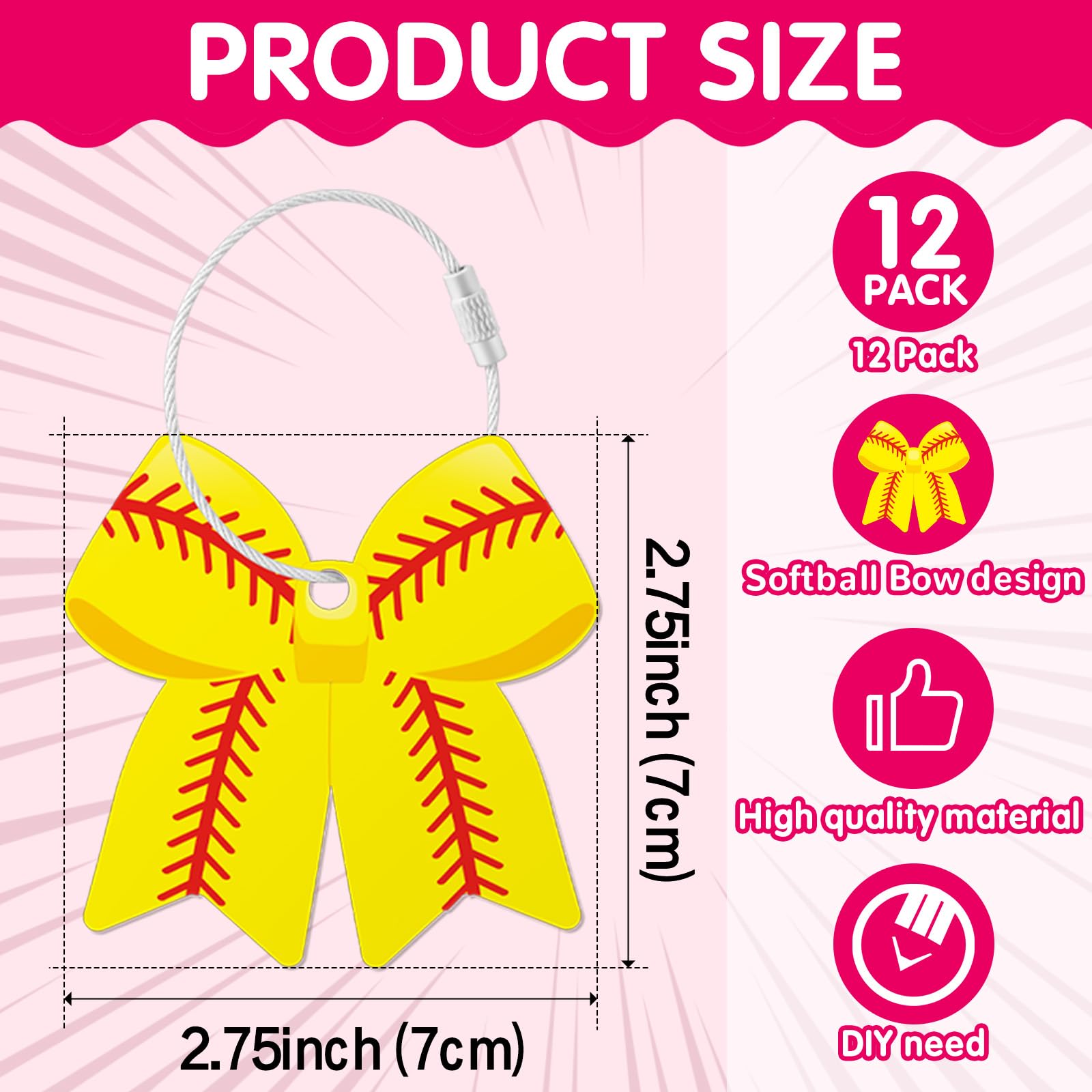 12 Pcs Softball Bow Luggage Tags for Softball Travel Suitcase Labels with Metal Ring 2.75in Softball-Related Keychain PVC Name ID Card and DIY Pocket Hug Card for Men Women Travel Bag Suitcase