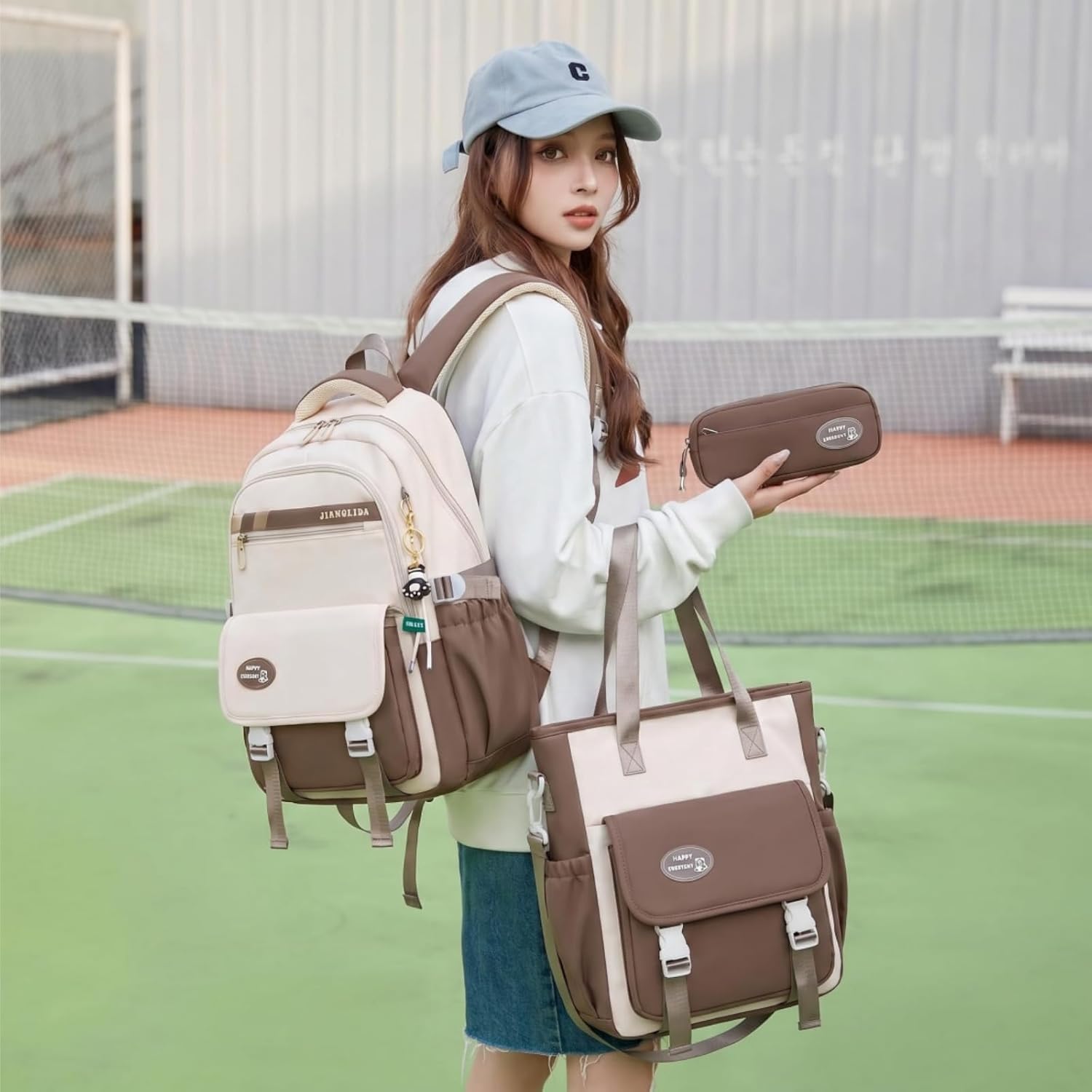 Mildame Backpacks for Girls Set, Aesthetic Backpack for Teens, Lightweight Classic Backpack for Kids, 3Pcs Boys Girls Bookbags with Cute Pendant image 2