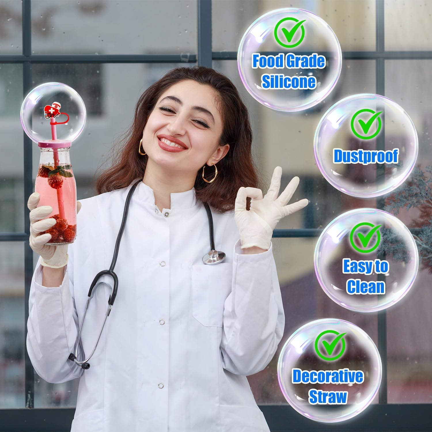 24 Pcs Nurse Straw Toppers, 9-10mm Silicone Nursing Straw Covers for Tumblers, Cute Reusable Spill Proof Dust Proof Medical Theme Water Bottle Straws Tip Covers for Drinking Straws - Image 6