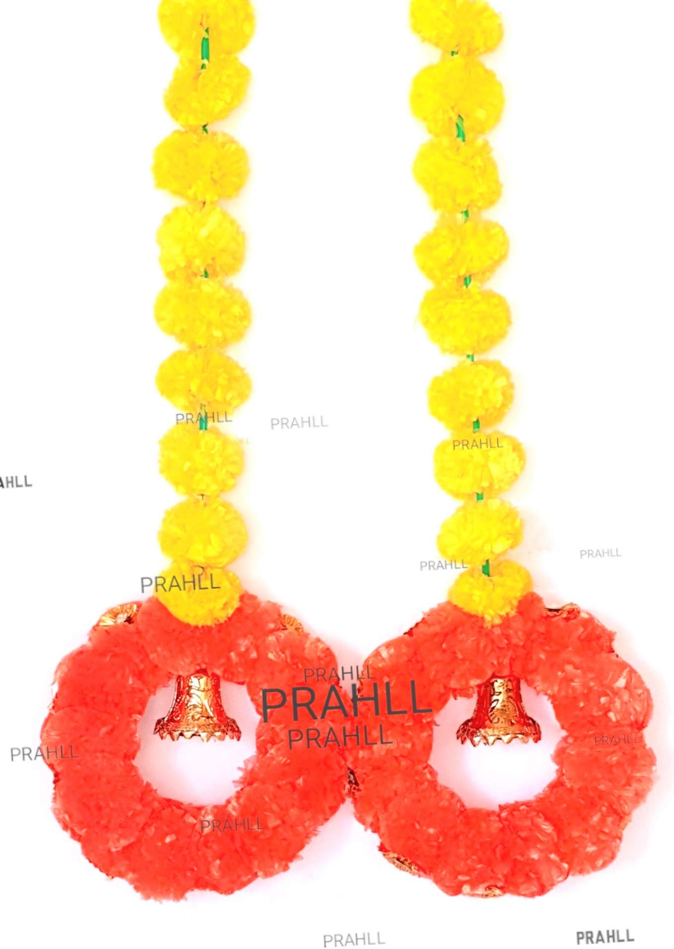 PRAHLL TORAN for Door/Door Side Hanging/Wall Decor/Backdrop Decor/Event Decor of Artificial Marigold Flowers & Bells (Set of 2)(Rings of 7 INCH in Each Plus String) (Dark Orange, 72)