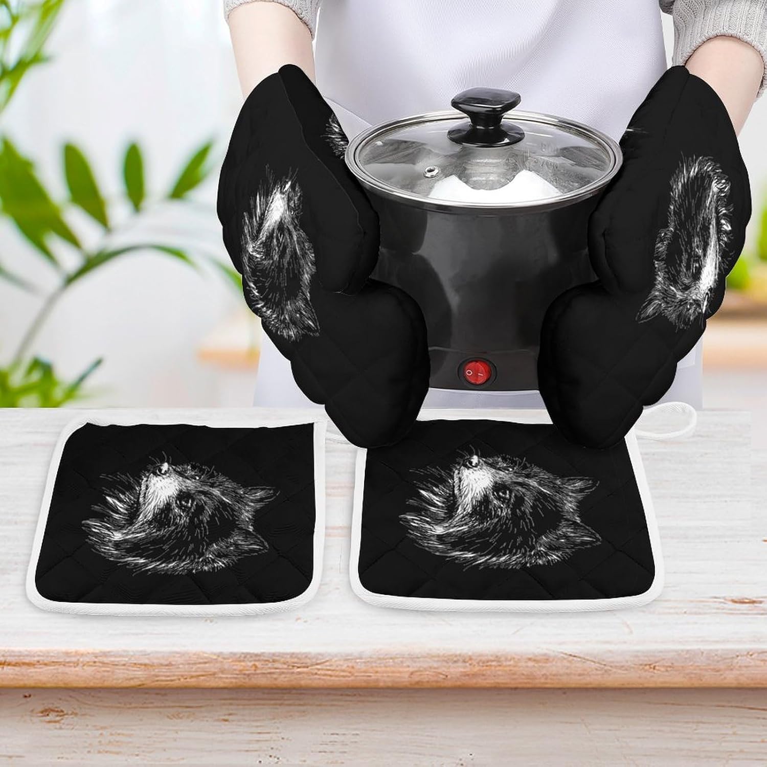 Cute Raccoon Oven Mitts and Pot Holders 4Pcs Set Heat Resistant Cooking Mitts Hot Pads