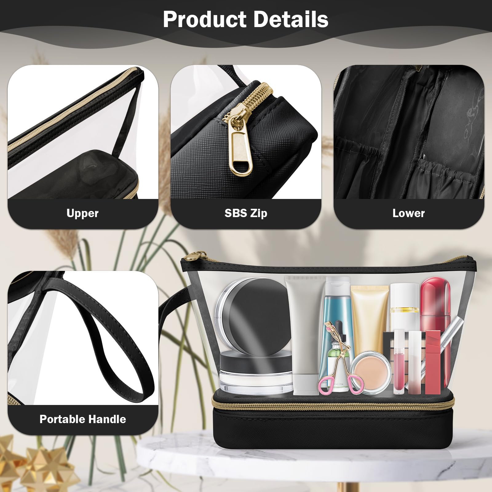 Clear Makeup Bag, Small Makeup Bag with Compartments for Brushes TSA Approved Waterproof Travel Toiletry Bag - Image 3