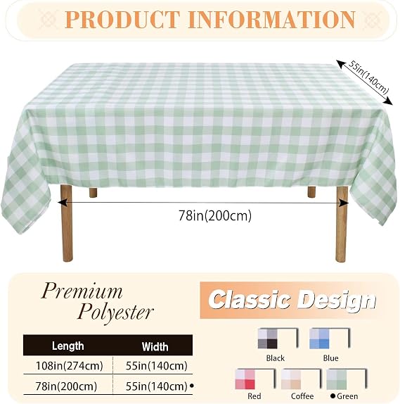 Kesfey Light Green Gingham Tablecloths Polyester 140x200cm Rectangle Checkered Tablecloth Plaid Table Cloth Wipe Clean Waterproof Wrinkle Free for Dinning Outdoor Restaurant Party Buffet Decoration