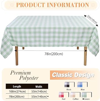 Kesfey Light Green Gingham Tablecloths Polyester 140x200cm Rectangle Checkered Tablecloth Plaid Table Cloth Wipe Clean Waterproof Wrinkle Free for Dinning Outdoor Restaurant Party Buffet Decoration