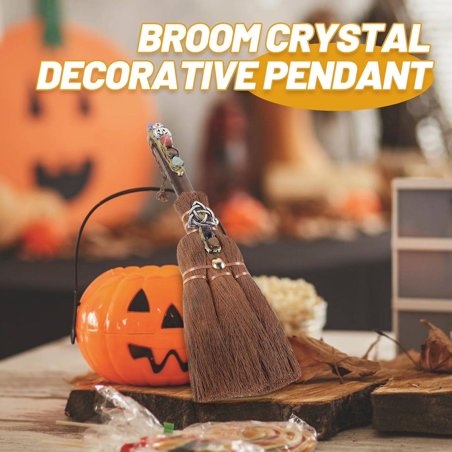 Operitacx Crystal Halloween Broom Pendant DIY Altar Ornament with Purple Amethyst Pumpkin Face, Mini Witch Broom Decor for Halloween Witchcraft and Seasonal Home Decoration