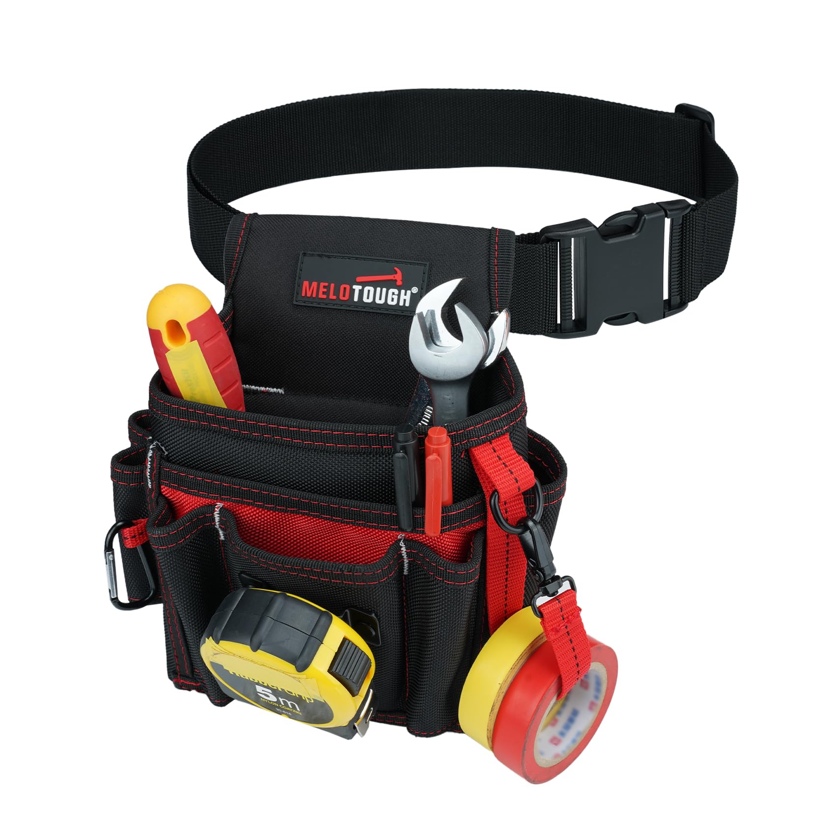 MELOTOUGH Electrician Tool Pouch with Belt Clip, 2 Inch Heavy Duty Work Belt Set for Men, Utility 13 Pockets Tool Pouch for Contractors & Roofing, Adjustable Carpenter Organizer Set (Red)