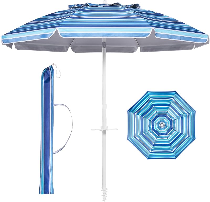 6.5ft Beach Umbrella with Tilt Pole, Portable Sand Anchor and Carry Bag, UPF 50+ Sun Shelter Air Vents Design for Outdoor Activities (Navy Blue & White)