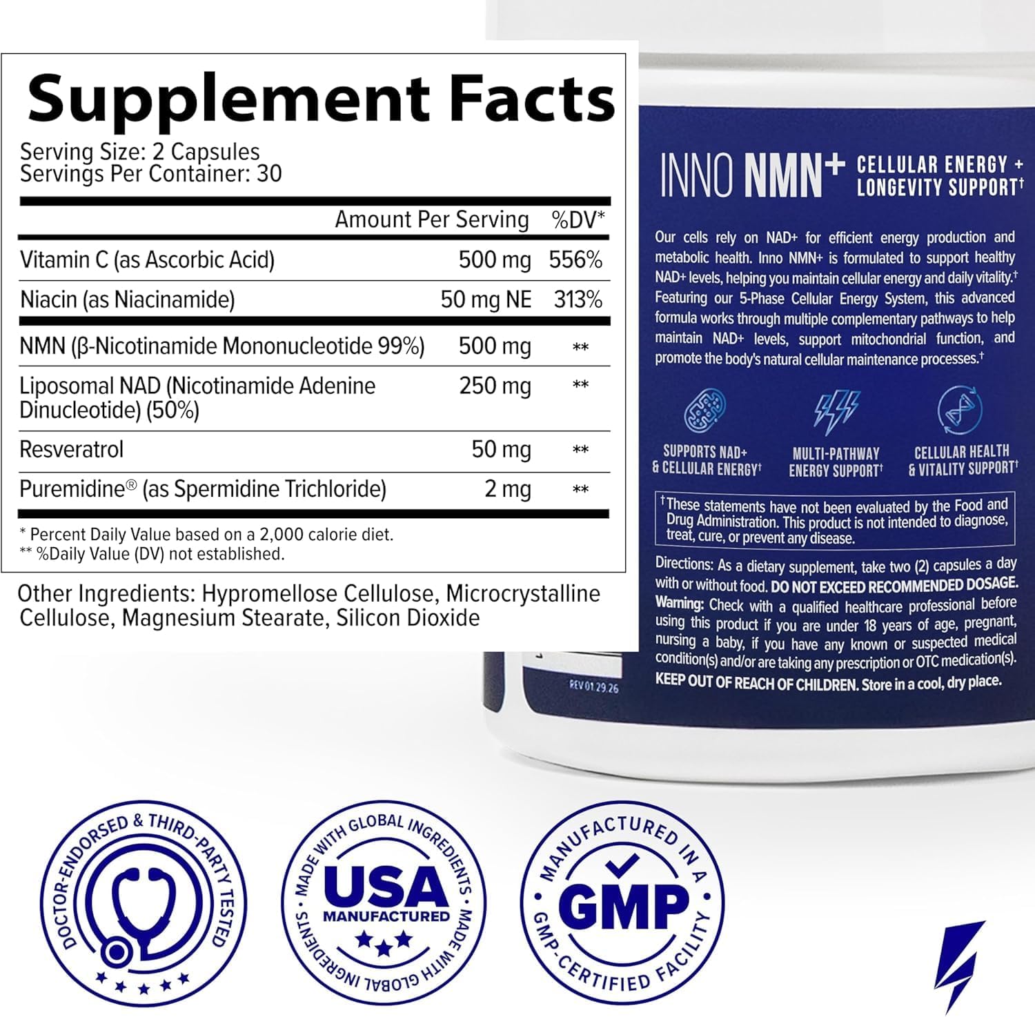 InnoSupps Inno NMN+ Supplement 500mg with NAD+ for Brain Function, Anti Aging & Cell Regeneration, Supports Cellular Energy, Muscle & Heart Health, w/Resveratrol, Niacin, & Vitamin C - 90 Servings