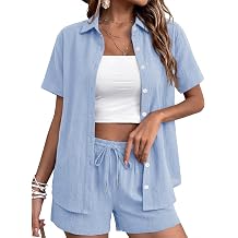Rapbin Womens 2 Piece Summer Outfits Button Down Short Sleeve Shirt Set, Suitable for Office, Travel & Shopping Black