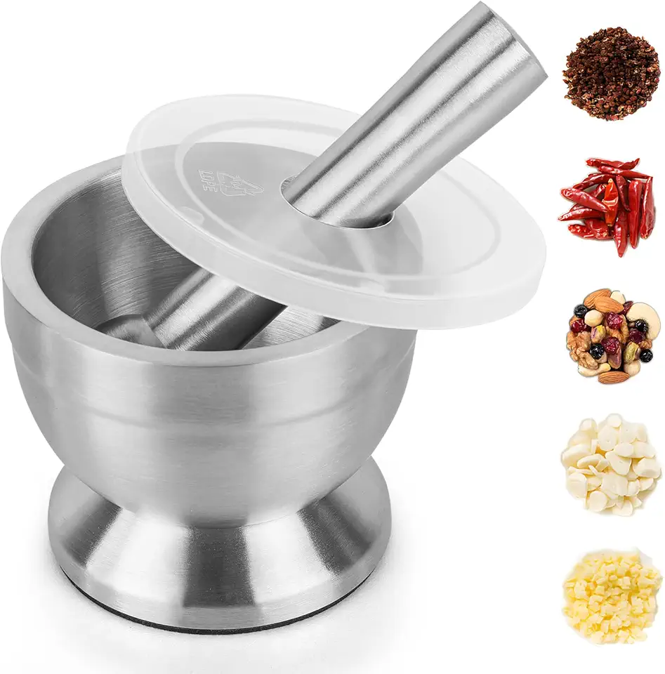 Pilao com Socador, Socador Alho, Amassador de Alho, Style Pilão com Socador Feito Inteiramente em Aço Inoxidável, Pilão e Socador de Aço Inox com Base Anti-Deslizante
