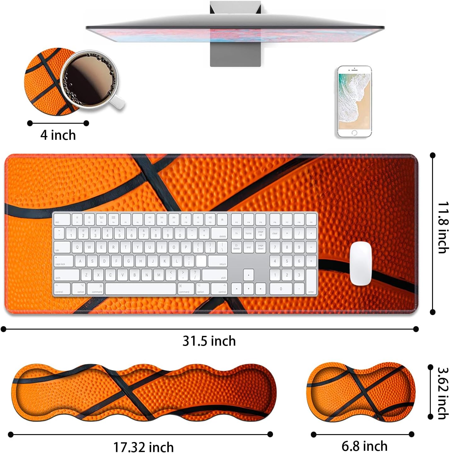 4 in 1 Ergonomic Keyboard Wrist Rest & Mouse Pad Wrist Rest Set, Large XXL Gaming Desk Mat 31.5"x 11.8" with Non-Slip Base, Memory Foam for Home Office Study Gaming, Basketball Surface image 2