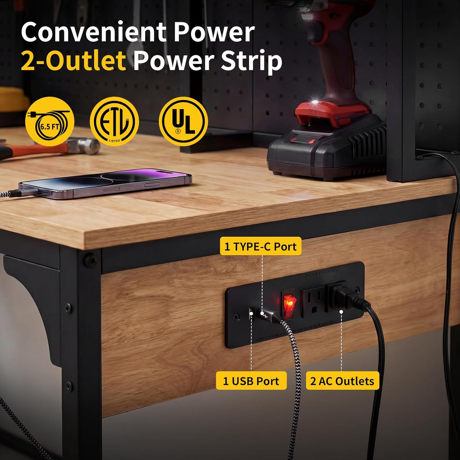 48" Heavy-Duty Garage Workbench with LED Light & Power Outlet, 1200LB Capacity Tool Table with Pegboard, Storage Shelves, USB & Type-C Ports for Woodworking Shop, Garage, Home