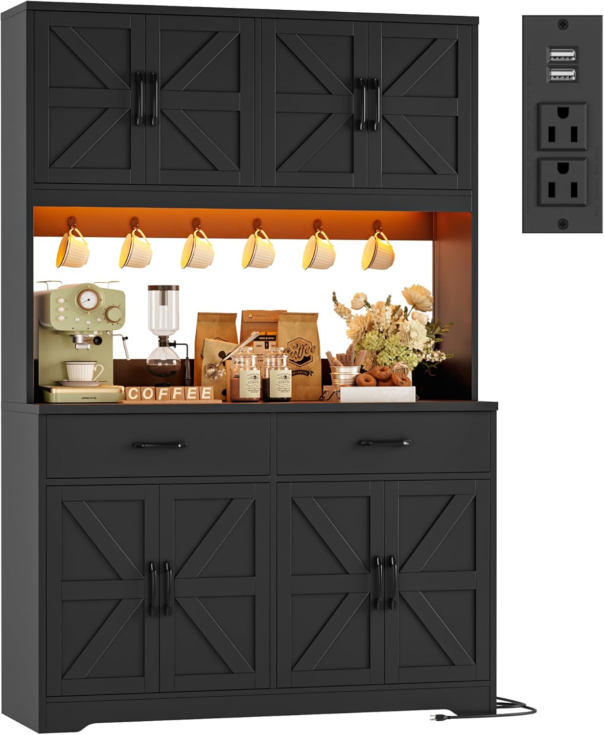 HIFIT 71" Tall Kitchen Pantry Cabinet with LED Lights and Charging Station, Farmhouse Pantry Storage Cabinet with Large Countertop, 47.2" W Kitchen Hutch Coffee Bar with 6 Hooks and Barn Doors, Black