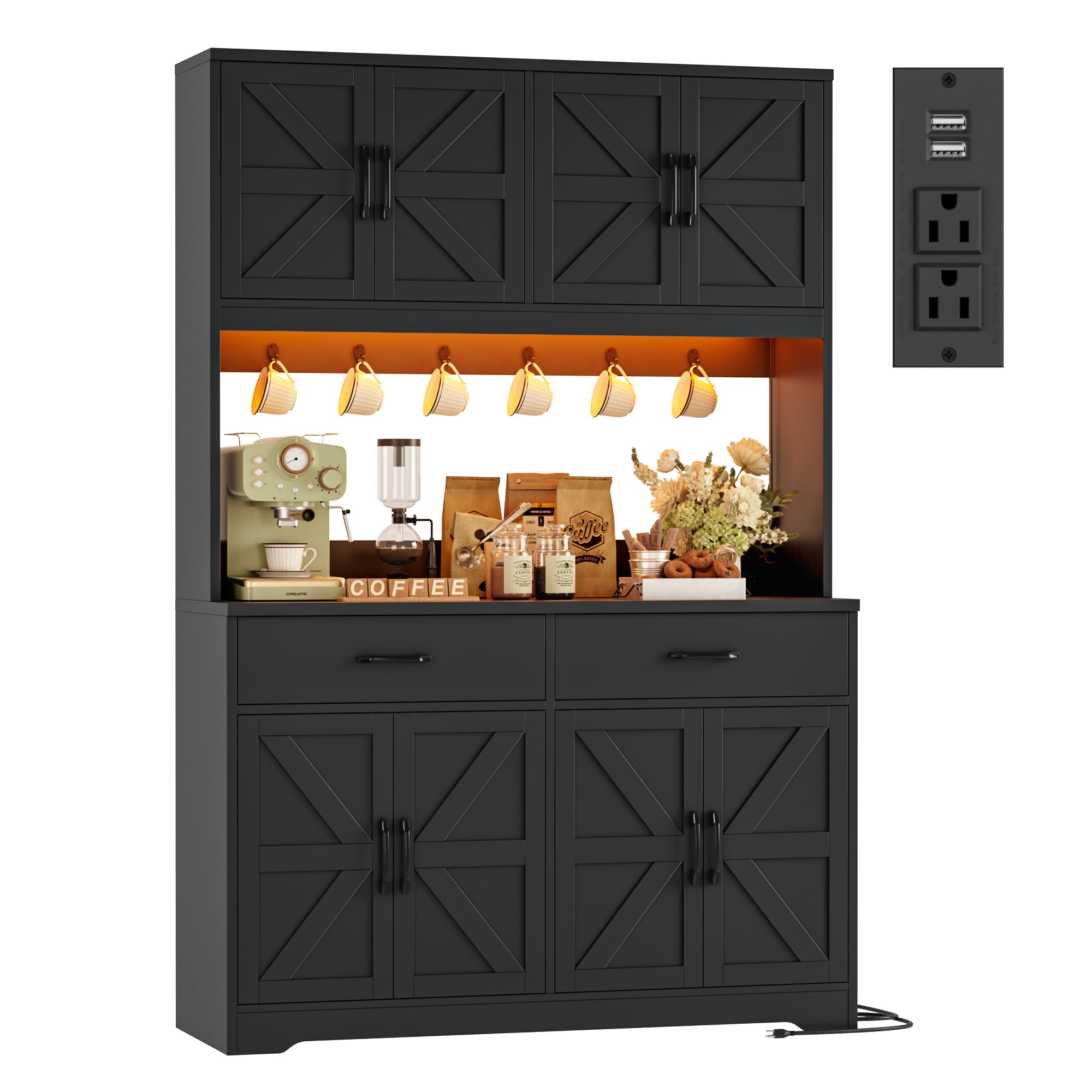 HIFIT 71 inch tall black kitchen pantry cabinet with LED lights and charging station, featuring barn doors and a spacious countertop.