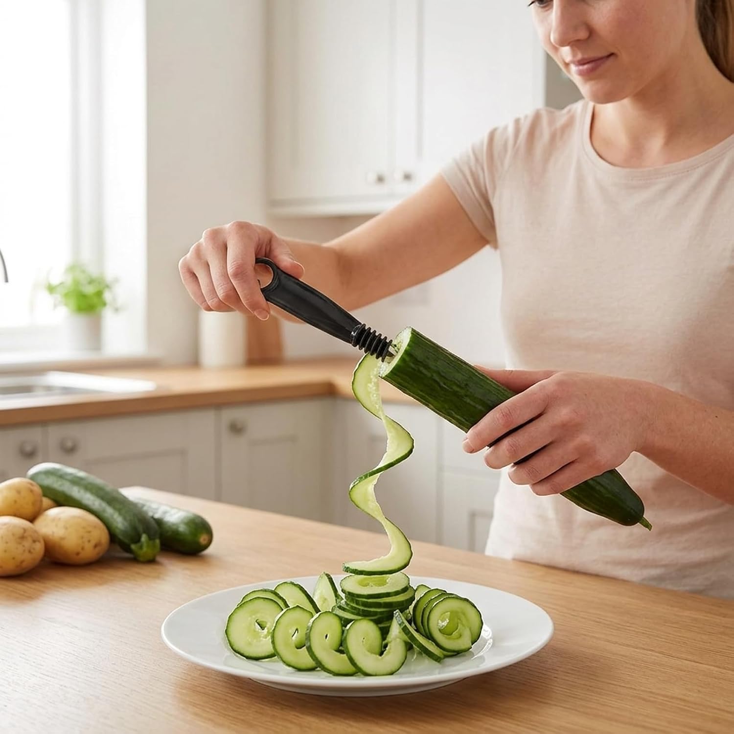 4-Piece Potato Spiral Cutter Set, Spiral Potato Cutter, Piranha Spiral Cutter, Spiralizer for Kitchen Use, Efficient Vegetable Spiral Cutting