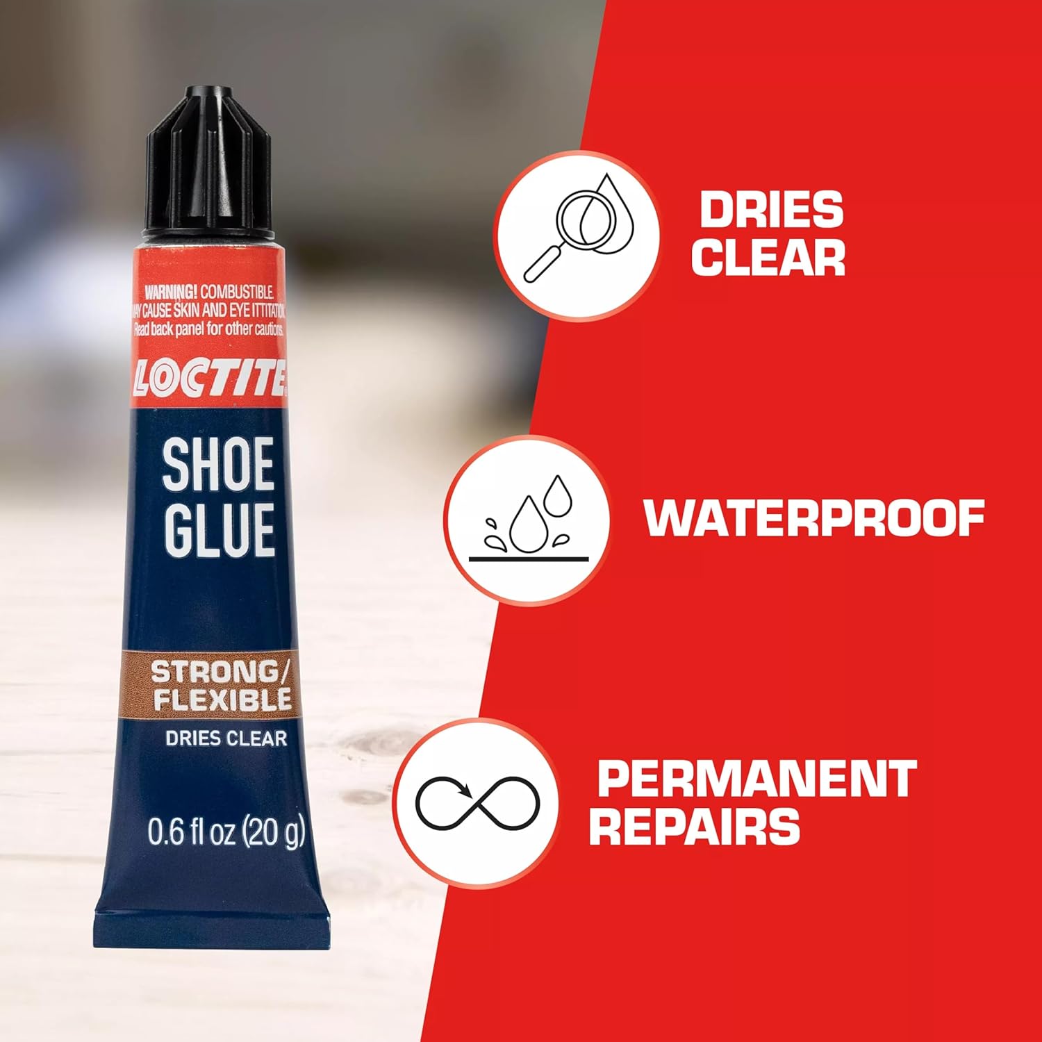 Loctite Shoe Glue, Strong & Flexible Fabric Glue, Resistant to Water, Impact, & Vibrations, Dries Clear - 0.6 fl oz Bottle, 6 Pack