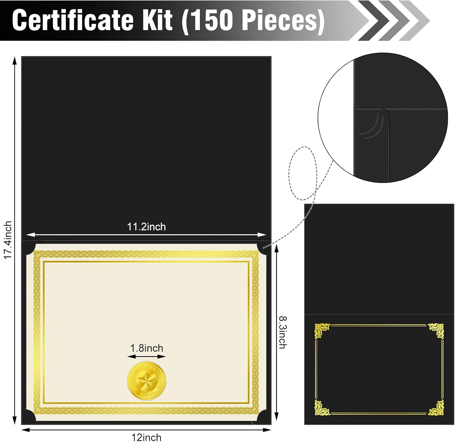150 Pcs Certificate Kit Include 50 Certificate Holders 50 Paper and 50 Embossed Seal Stickers Diploma Covers for Graduation, Competition Supplies(Black)