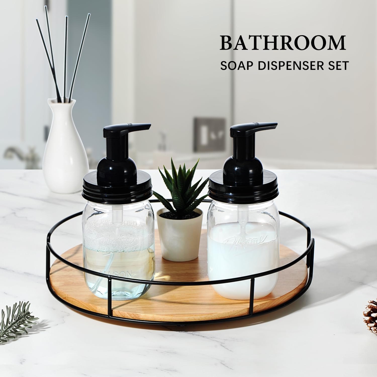 Amolliar Plastic Mason Jar Foaming Soap Dispenser with Pump Lid,16OZ Refillable Hand Soap Dispenser Set with Cute Lables - Farmhouse Decor for Kitchen/Bathroom, Lotion Liquid Dish Soap (4 Pack, Black) - Image 3