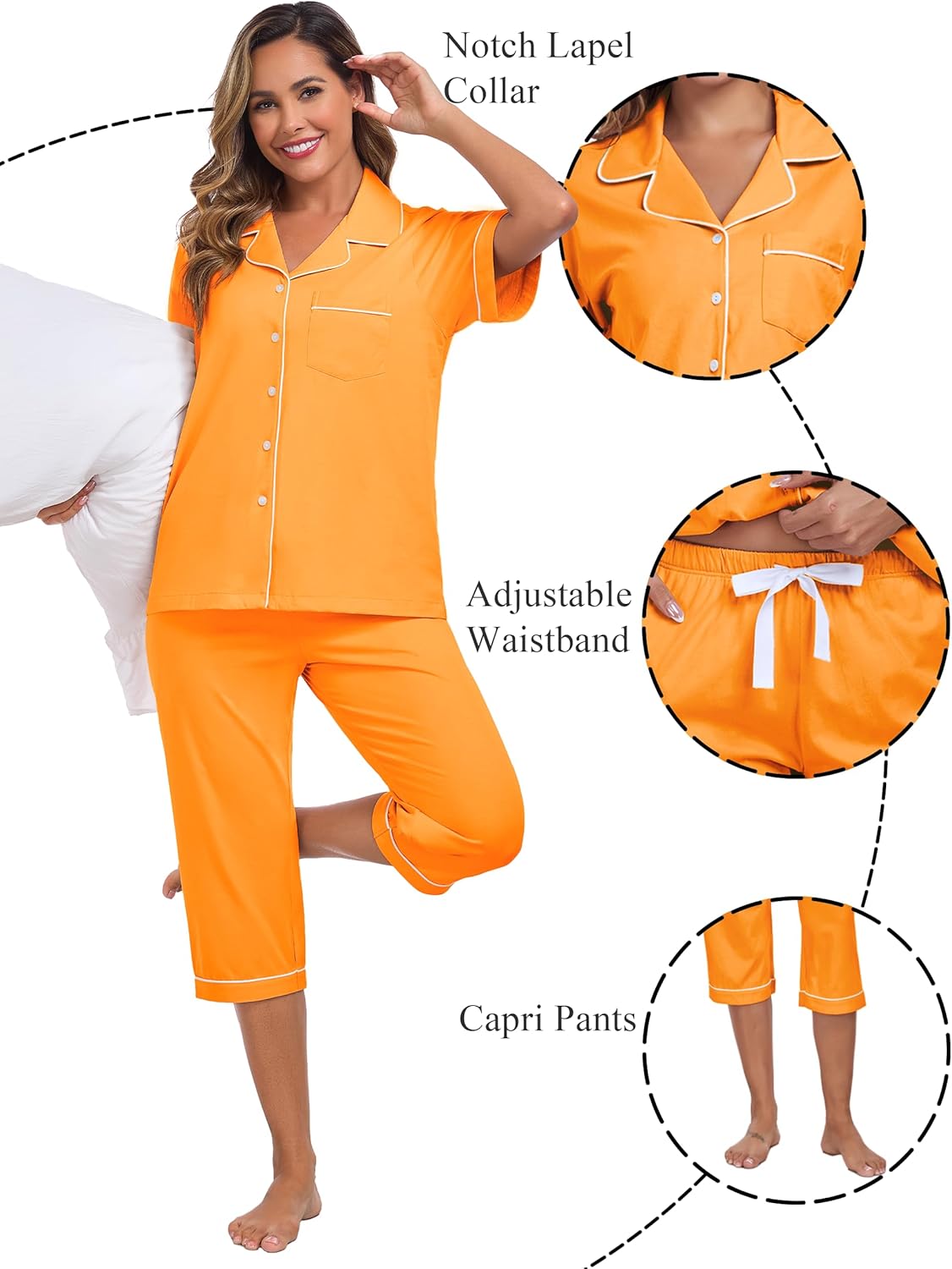 COLORFULLEAF 100% Cotton Women's Pajama Sets Short Sleeve Capri Pajamas for Women Set Button Down Pjs Soft Sleepwear Summer - Image 4