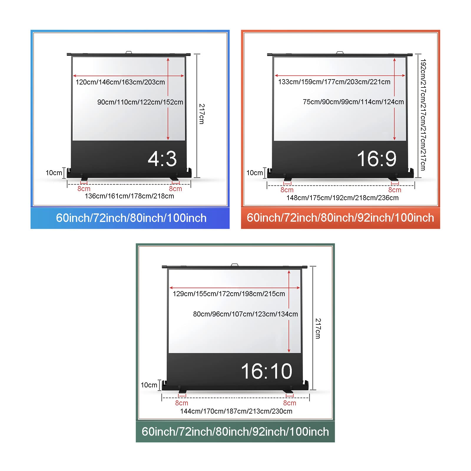 Schermo di proiezione portatile mobile indipendente da pavimento HD 4:3/16:9/16:10, altezza dello schermo regolabile, per home theater, conferenze(60 inch 4: 3