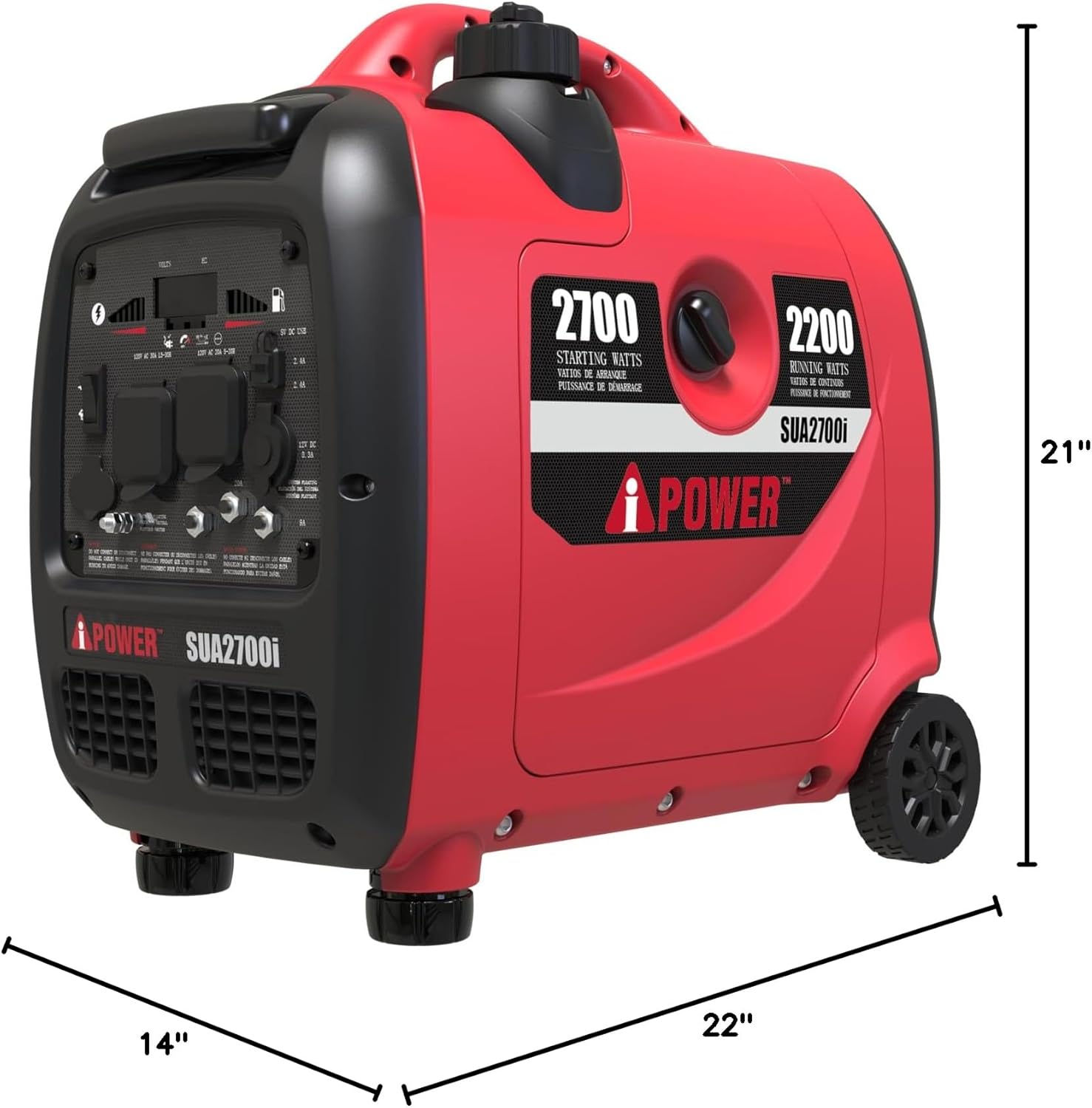A-iPower SUA2700i Portable Inverter Generator with dimensions labeled