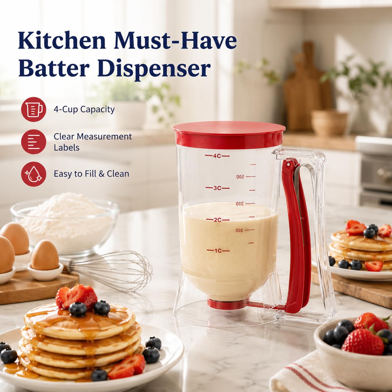 Pancake Batter Dispenser- Kitchen Must Have Tool for Perfect Pancakes,Cupcake,Waffle,Baking Supplies for Griddle - Pancake Maker with Measuring Label（red