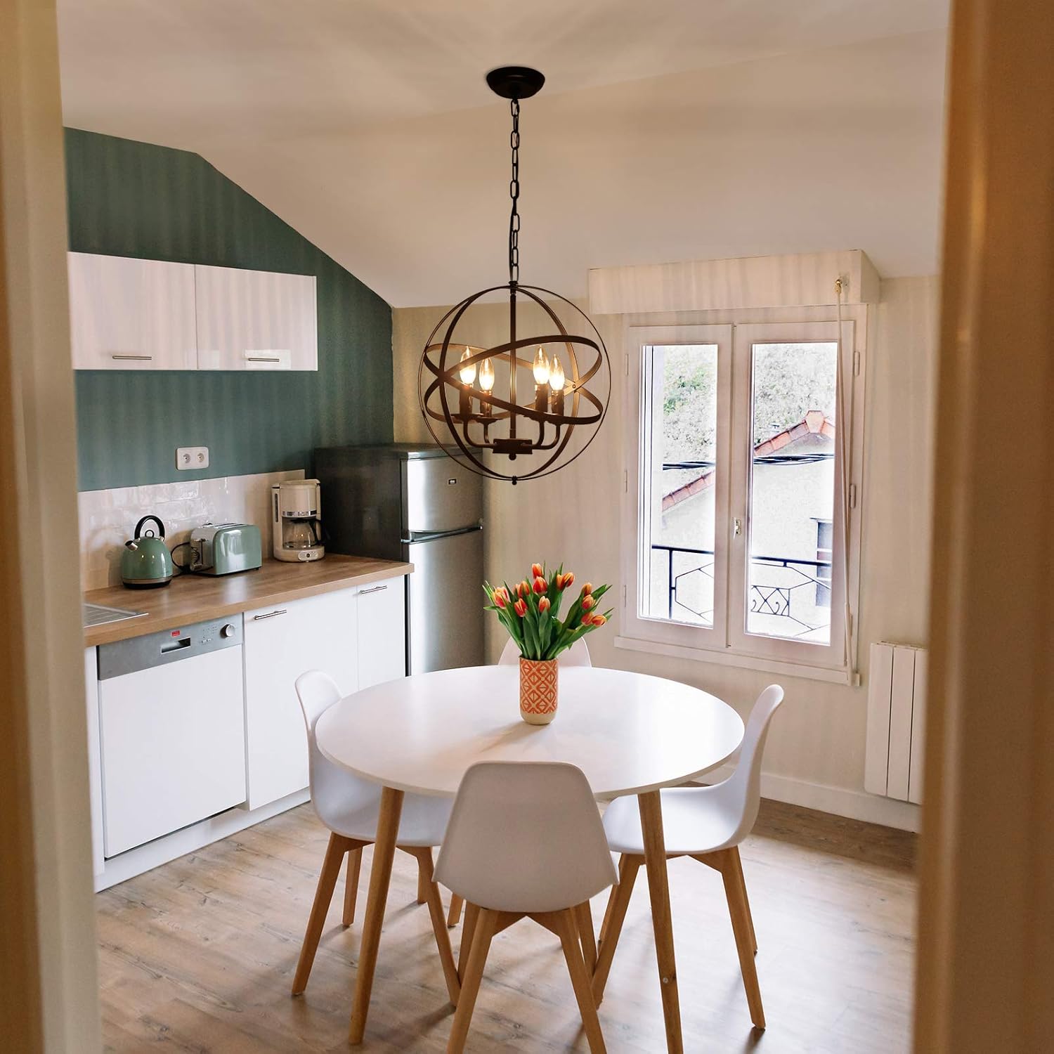 🔥 Flash Sale Heircido 4 Light Sphere Chandelier Light Fixture, Mid Century Metal Globe Pendant Light Ceiling Hanging Rustic Farmhouse Chandelier for Kitchen Dining Room, Matte Black