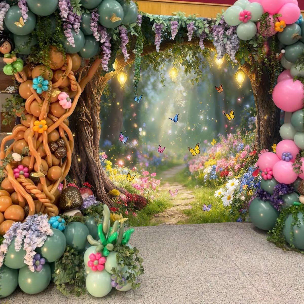 10x10ft Enchanted Forest Backdrop Tree Arch Vintage Lantern Glitter Enchanted Photo Backdrop Butterfly Colorful Flower Garden Photography Background for Forest Themed Party Decorations
