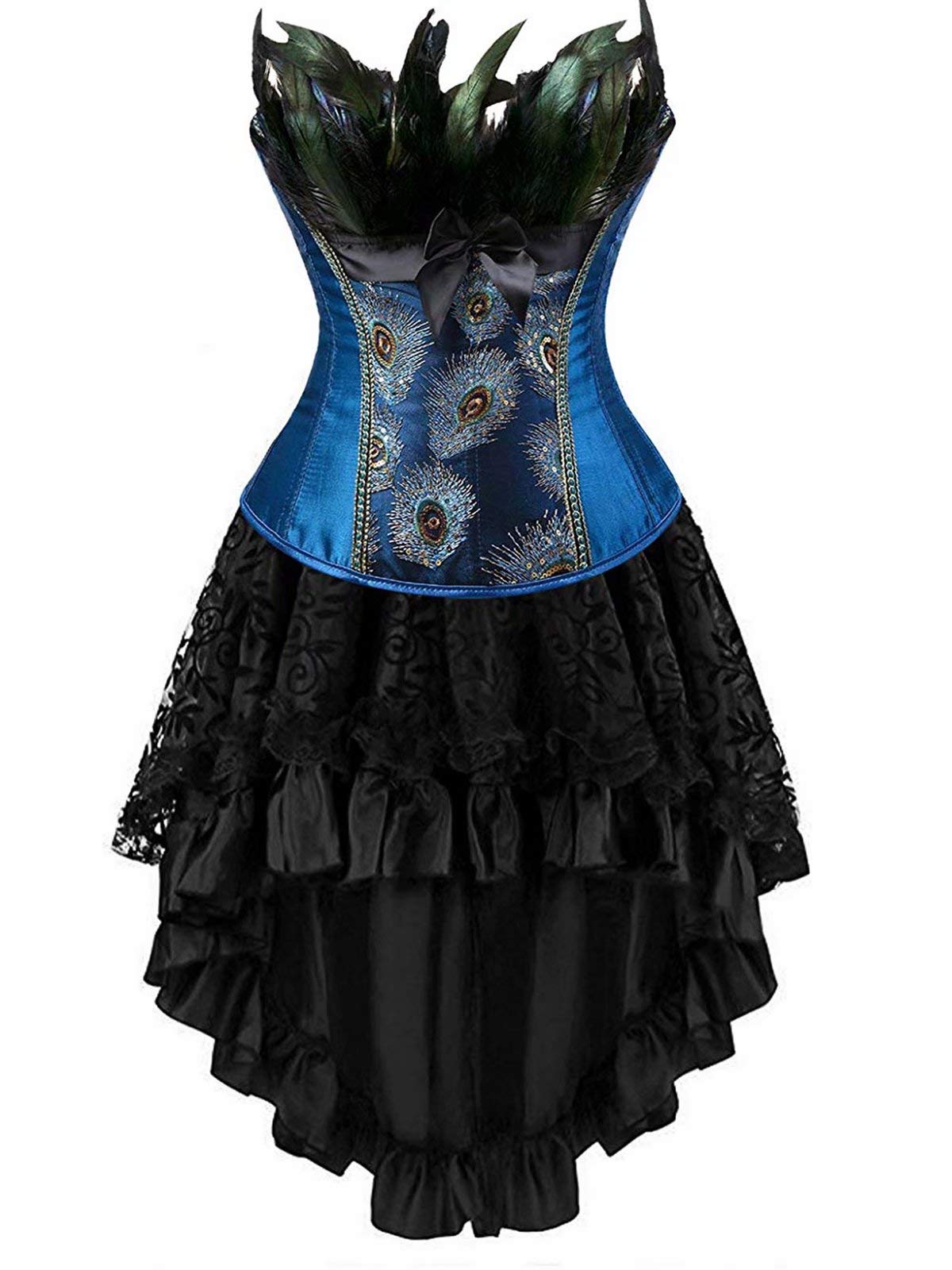 Josamogre Corset Femme Sexy Bustier Robe Jupe Élégantes Plume De Paon Gothique Dentelle Costume Halloweenn